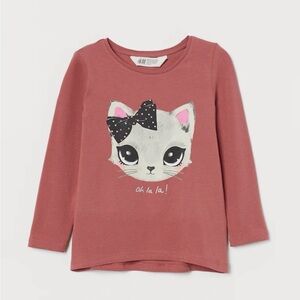 H&M US 5T/6 Kids Long Sleeve Cat Print Shirt - Pink